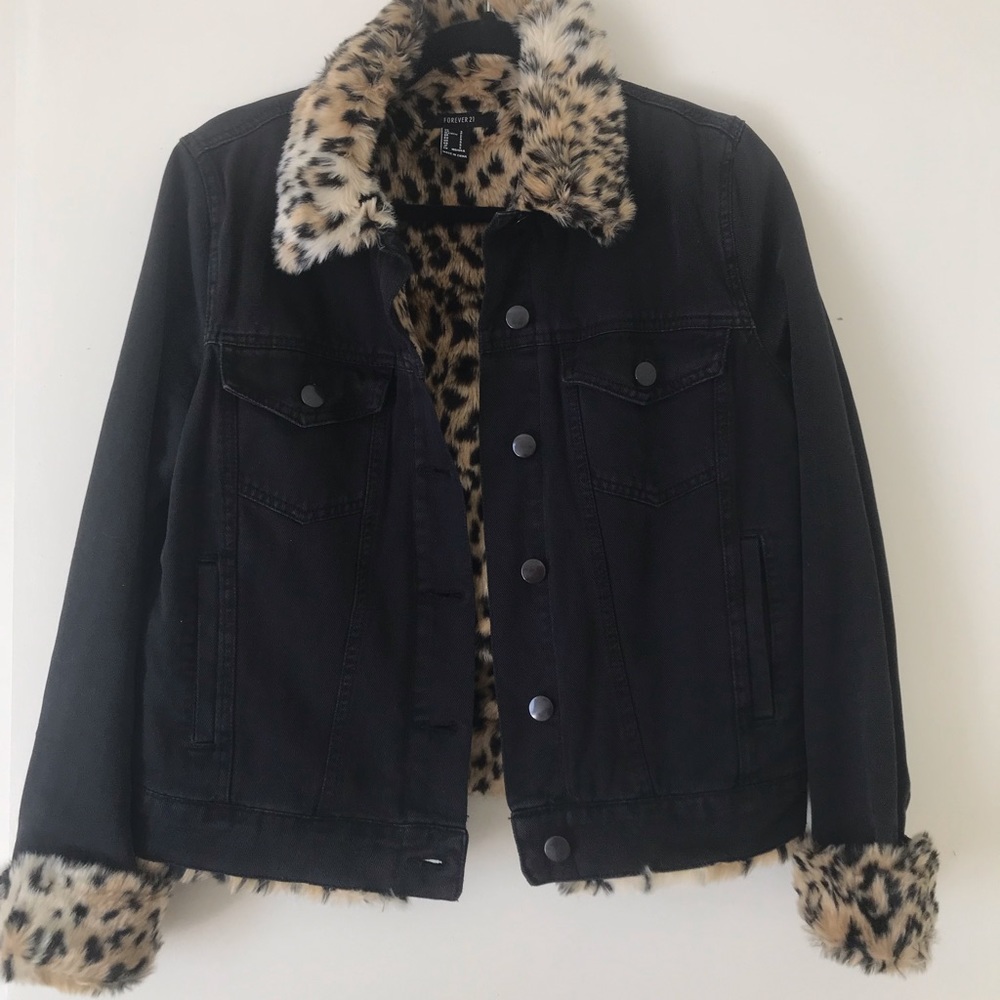 Black and leopard denim jacket